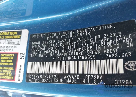 2019 Toyota Camry Se z USA, uszkodzony, nr VIN 4T1B11HK3KU166599
